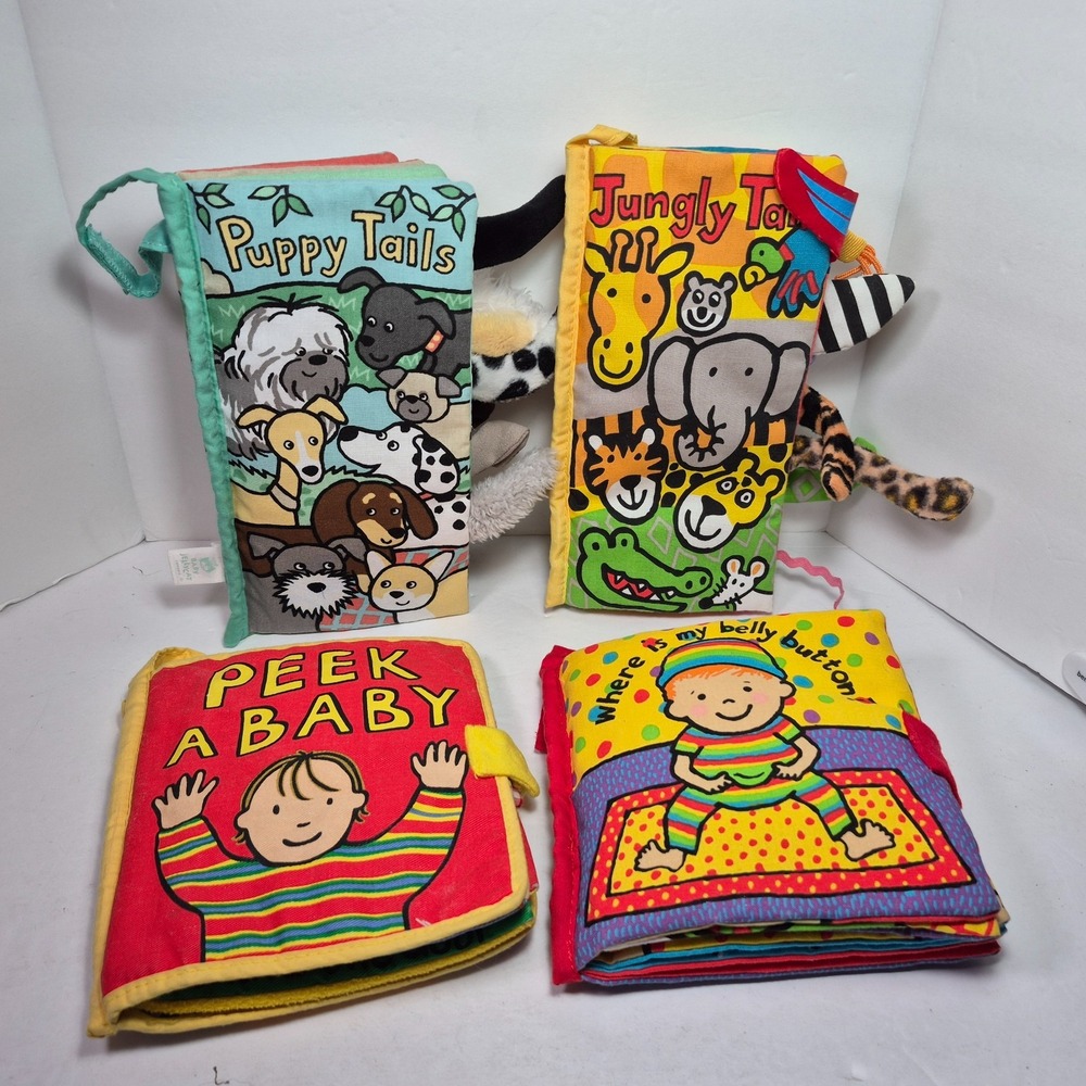 4 Jellycat Fabric Soft Books Crinkle Baby Books Belly Button Peek a Baby Jungle